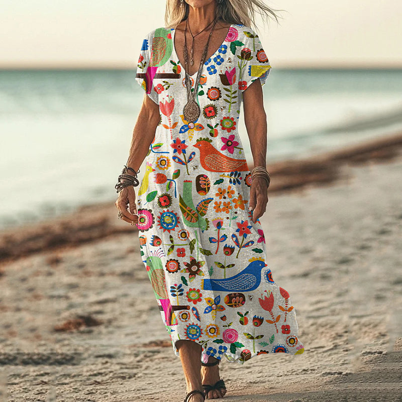 Women's Floral And Bird Art Print Short Sleeve Dress elevenforest