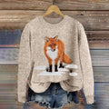 Women's Snow Fox Print Round Neck Cozy Knit Sweater artswardrobe