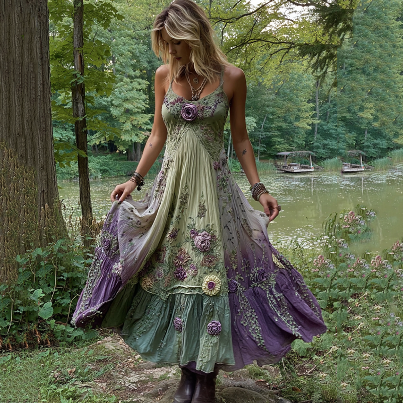 Vintage Classy Gradient Purple Lavender And Floral Embroidered Linen Suspender Long Dress elevenforest