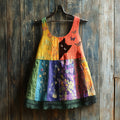 Vintage Abstract Creative Cute Black Cat With Floral Patchwork Art Print Women's Linen Tank Top elevenforest