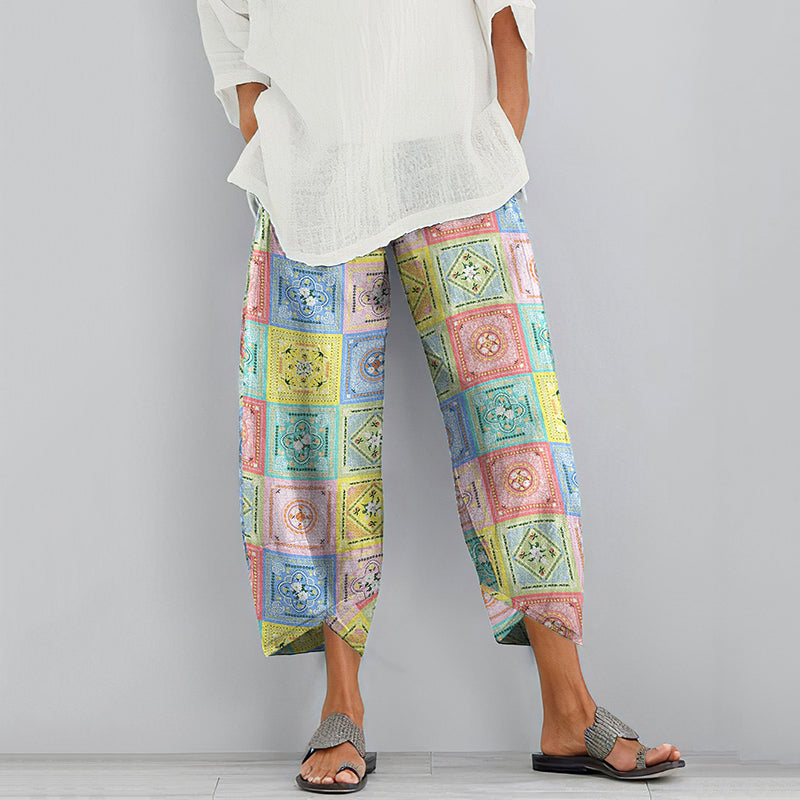Women's Bohemian Floral Print Cotton And Linen Casual Pants elevenforest