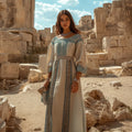 Retro Elegant Greek Key Crew Neck Linen Blend Maxi Dress elevenforest
