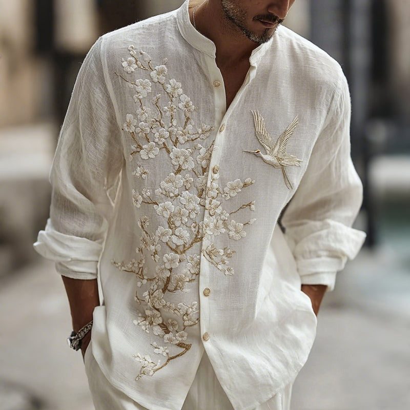 Men's Japanese-style Floral Art Linen Blend Shirt elevenforest