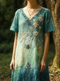 Bee & Flower Embroidery Tie-dye Women's Linen Dress elevenforest