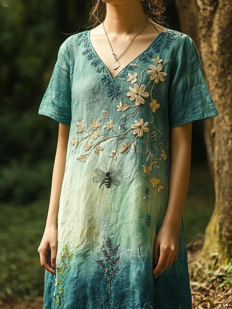 Bee & Flower Embroidery Tie-dye Women's Linen Dress elevenforest
