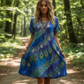 Women's Vintage Peacock And Floral Gradient Pattern Short-sleeved Dress elevenforest