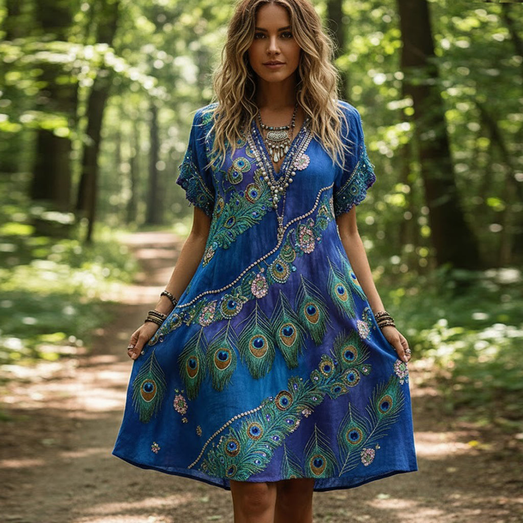 Women's Vintage Peacock And Floral Gradient Pattern Short-sleeved Dress elevenforest