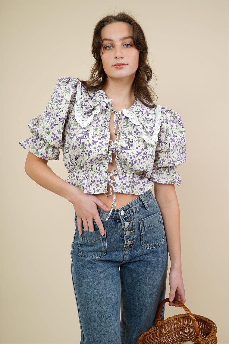 Puff Sleeve Peter Pan-colla Print Blouse White