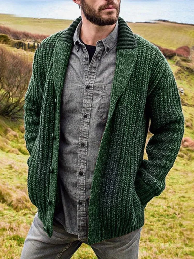 Men's Retro Solid Color Lapel Button Sweater elevenforest