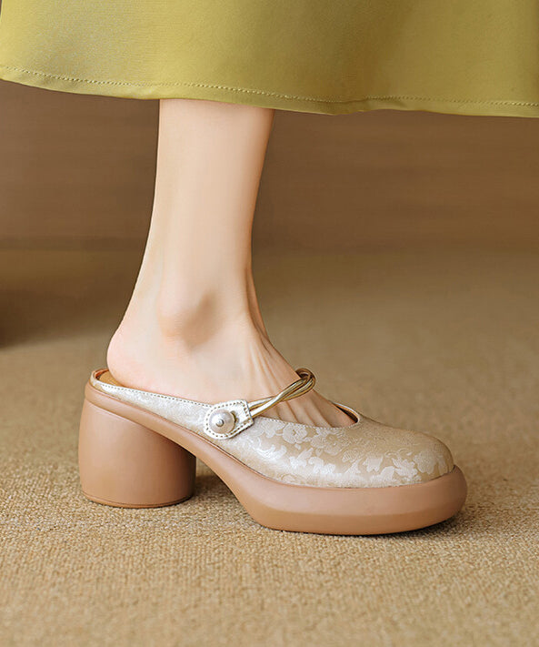 Chinese Style Comfy Apricot Chunky Heel Slide Sandals Oi066