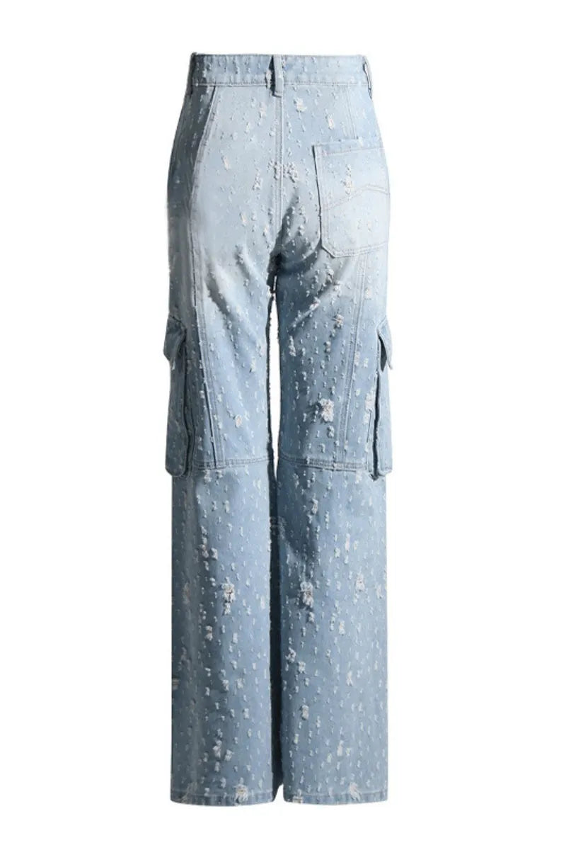 Patchwork Ripped Pocket Zipper Straight Denim Jeans