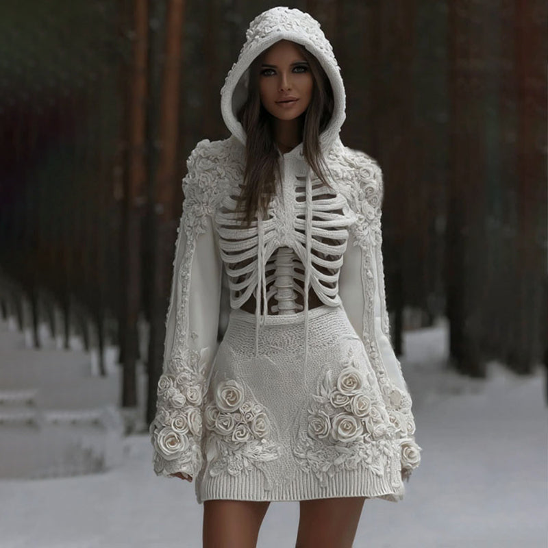 Comstylish Women's Vintage Skeleton & White Rose Art Cozy Sweater Hooded Dress