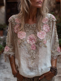 Women's Vintage Pink Floral Round-neck Short-sleeved Shirt elevenforest