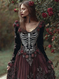 Vintage Skeleton Red Roses Embroidered Contrast Velvet Maxi Dress elevenforest