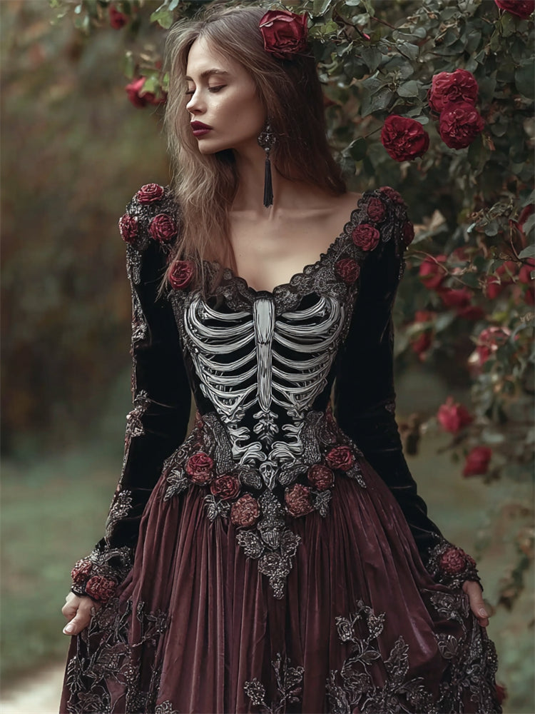 Vintage Skeleton Red Roses Embroidered Contrast Velvet Maxi Dress elevenforest