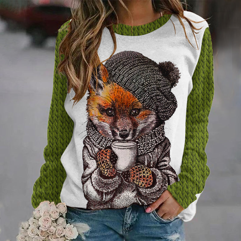 Women's Fox Coffee Print Round Neck Cozy Knit Sweater artswardrobe