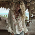 Women's Vintage Floral Embroidery Art Linen Long Sleeve T-shirt elevenforest