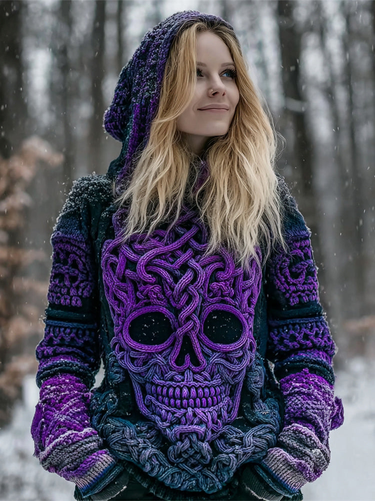 Viking Skull Pattern Women's Chunky Knit Hooded Sweater artswardrobe