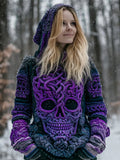 Viking Skull Pattern Women's Chunky Knit Hooded Sweater elevenforest