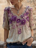 Vintage Purple Flowers Embroidered V Neck Cozy Linen Shirt elevenforest