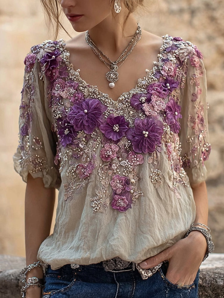 Vintage Purple Flowers Embroidered V Neck Cozy Linen Shirt elevenforest