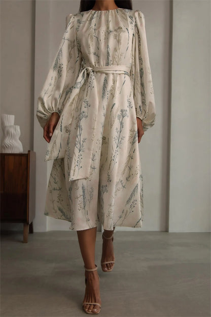 Lantern Sleeve Crew Collar Lace Up Midi Dress