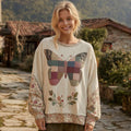 Women's Retro Bohemian Style Round Neck Comfortable Linen Top With Butterfly And Floral Pattern elevenforest