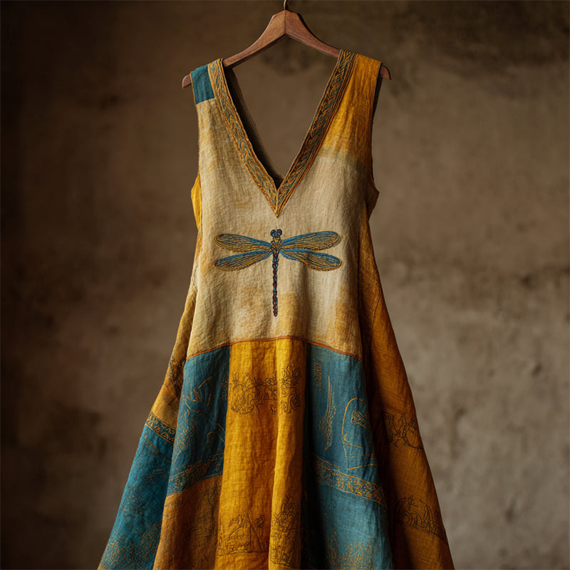 Dragonfly Ancient Egyptian Colorblock Linen Maxi Dress elevenforest