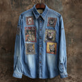 Vintage Cat Head Art Women's Long Sleeve Denim Shirt elevenforest
