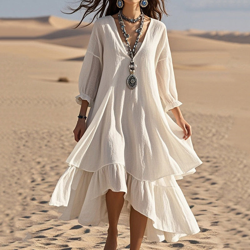 Women's Vintage Solid Color Linen V-neck Dress elevenforest