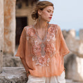 Vintage Boho Roses Glitter Embroidered V Neck Linen Shirt elevenforest