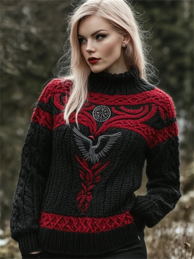 Raven Viking Vegvisir Embroidered Celtic Contrast Cozy Chunky Sweater elevenforest