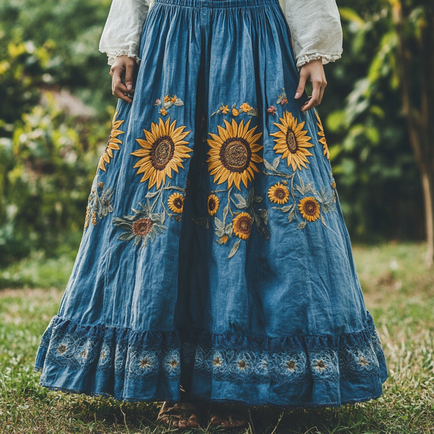 Sunflower Embroidered Lace Art Flowy Linen Skirt elevenforest