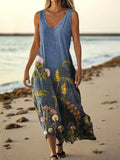 Women's Vintage Floral Art Print Pocket Cotton Dress