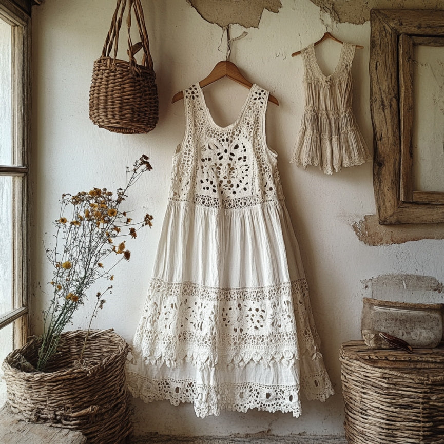 Vintage Lace Linen Blend Midi Dress elevenforest