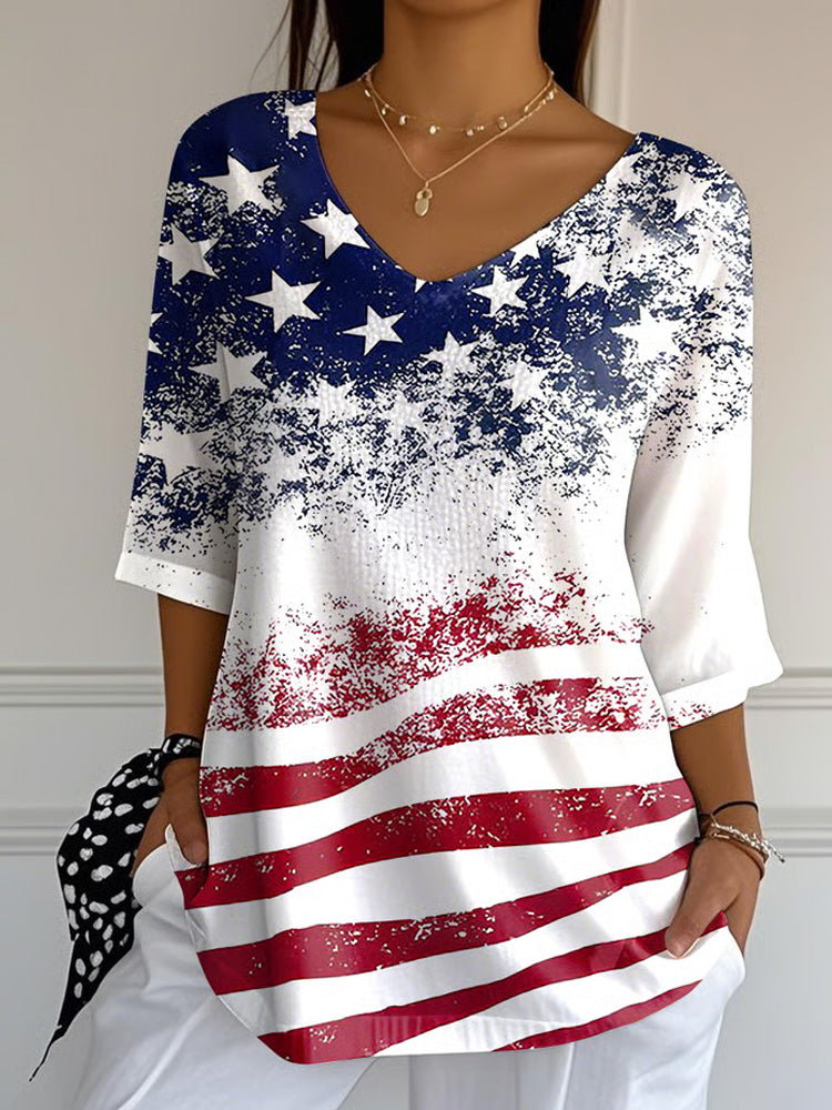 Comstylish Women's Independence Day Flag Faith Fabric Casual V-neck T-shirt
