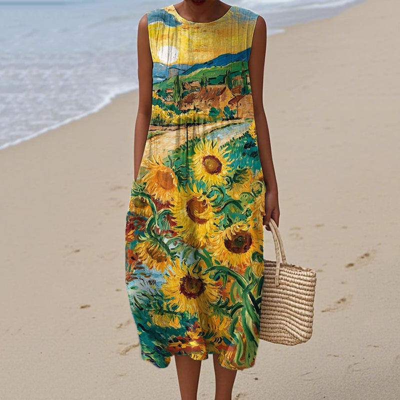 Comstylish Women's Sunflower Art Print Sleeveless Casual Midi Dress