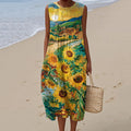 Women's Sunflower Art Print Sleeveless Casual Midi Dress elevenforest