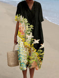 Japanese Art Painting Pattern Linen Blend Midi Dress