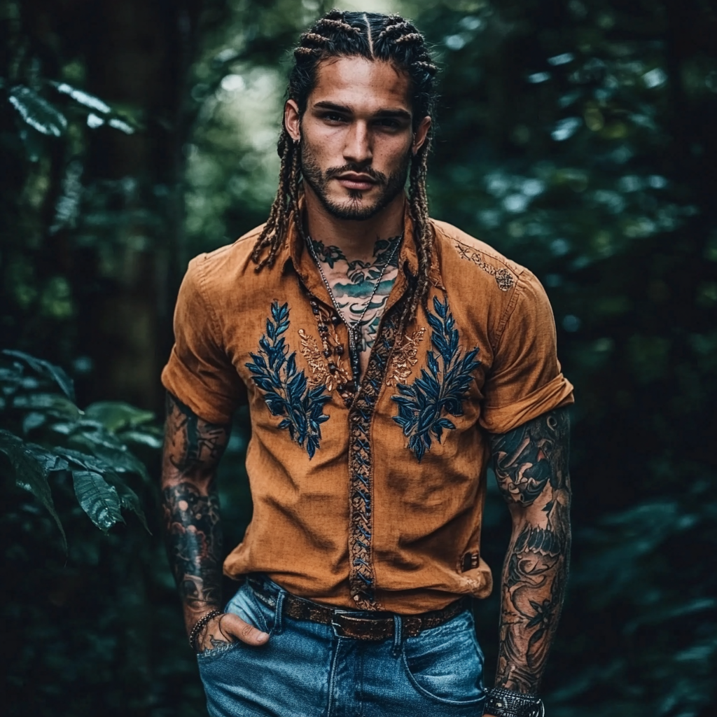 Men's Bohemian Embroidered Linen Button-down Short Sleeve Shirt elevenforest
