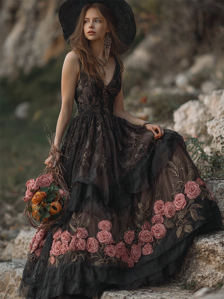 Vintage Pink Roses Black Lace Flowy Maxi Dress elevenforest