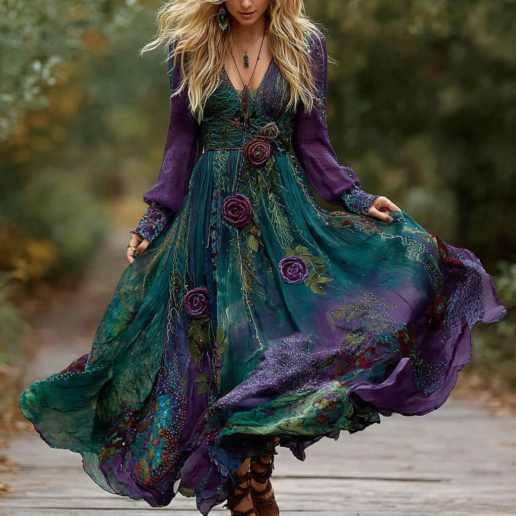Women's Vintage Floral Embroidery Gradient Pattern V-neck Long Sleeve Dress elevenforest