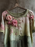 Vintage Pink Roses Cottage Patchwork Linen Tunic elevenforest