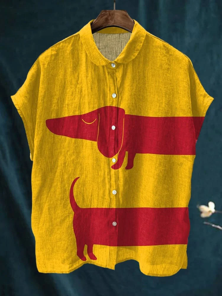 Women's Cute Animal Fun and Colorful Dogs Dachshund Vintage Print Casual Cotton Linen Shirt