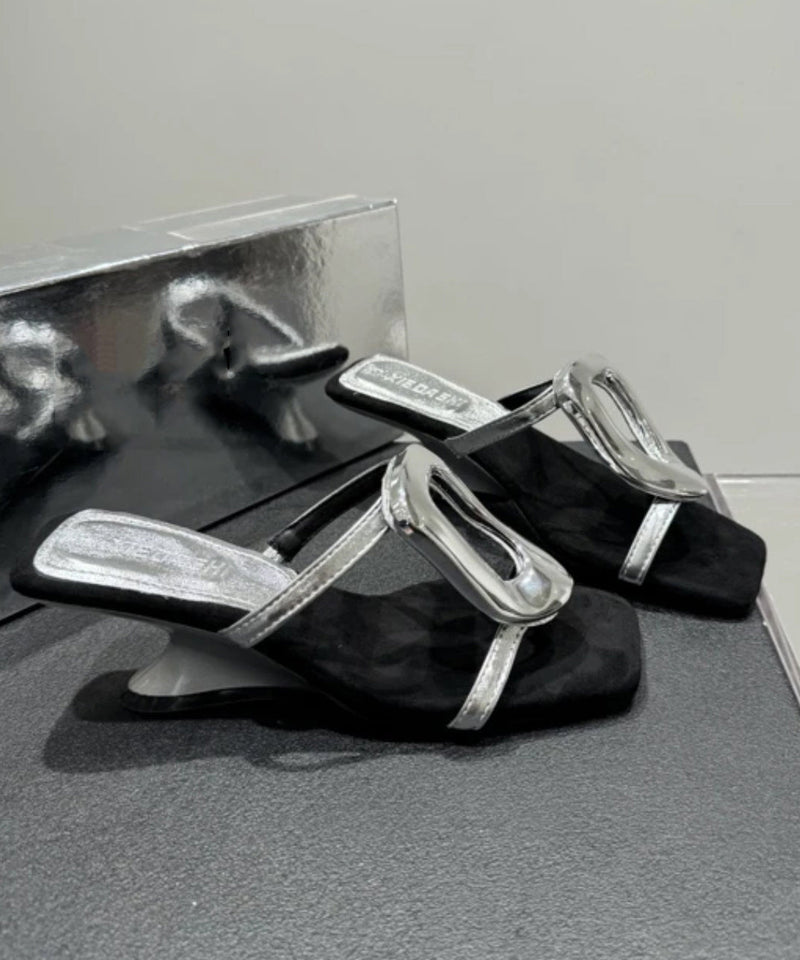 French Splicing Wedge Heels Gold Faux Leather Slide Sandals Oi069