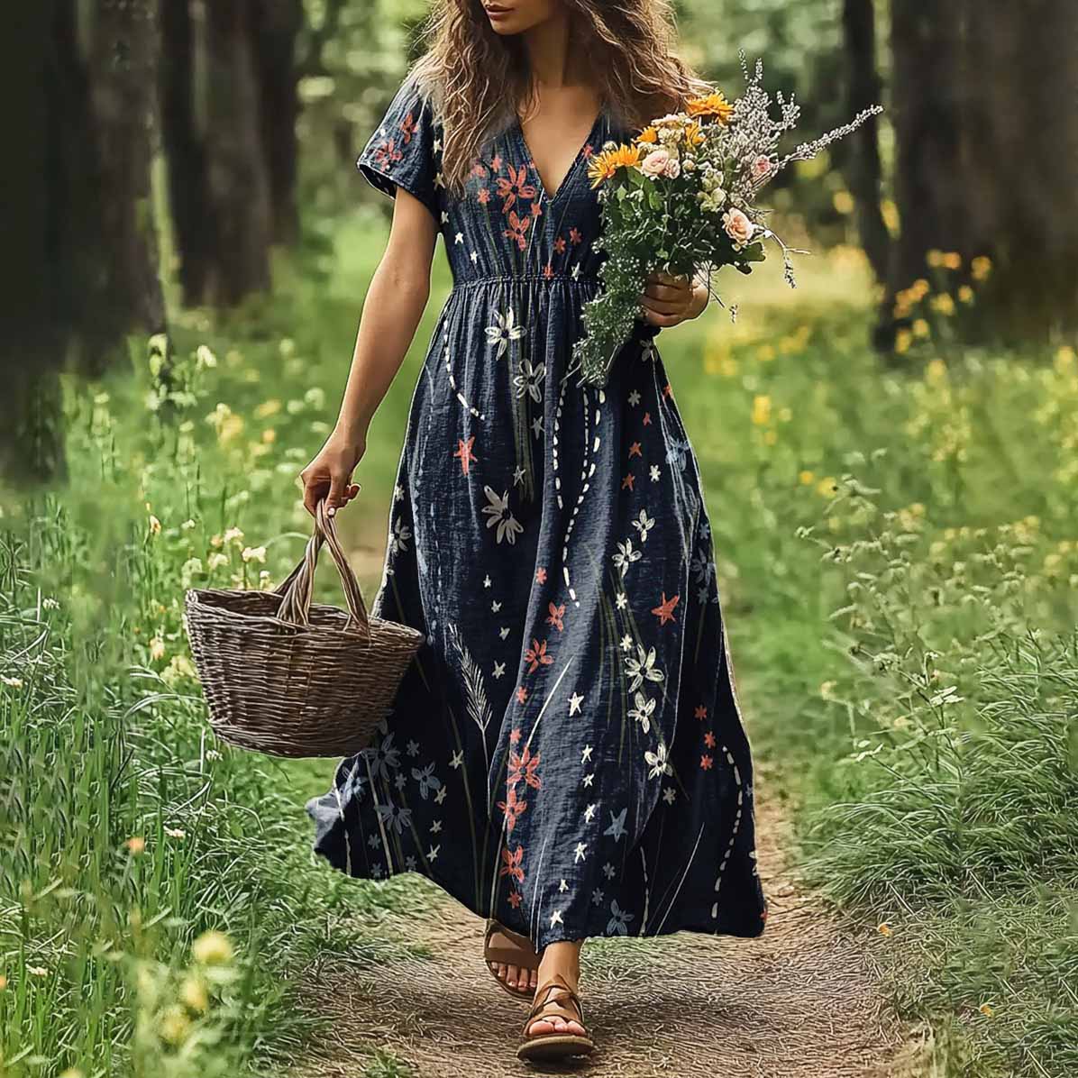 Womens Bohemian Floral Art Linen Dress elevenforest