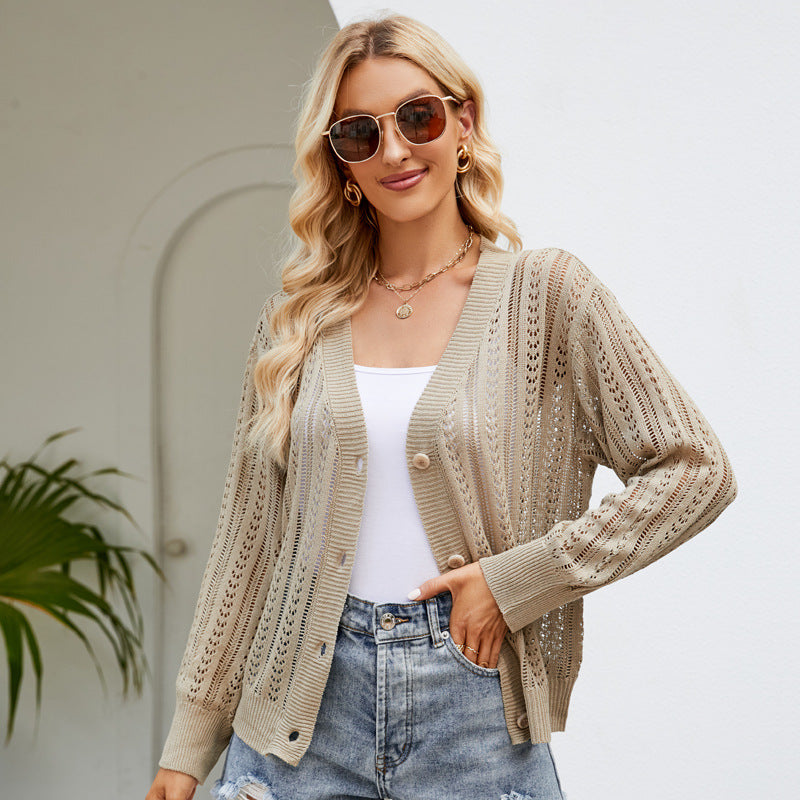 Dignified Hollow Out Cutout Knitted Cardigan Outer Wear Clothing All Matching V Neck Sweater