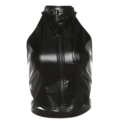 Autumn Winter ’s Halter Backless Slim Fit Faux Leather Vest With Zipper