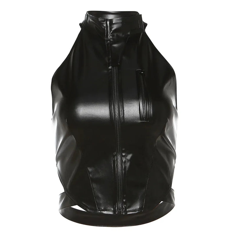 Autumn Winter ’s Halter Backless Slim Fit Faux Leather Vest With Zipper