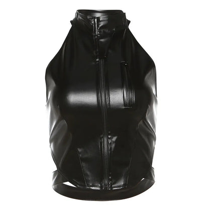 Autumn Winter ’s Halter Backless Slim Fit Faux Leather Vest With Zipper